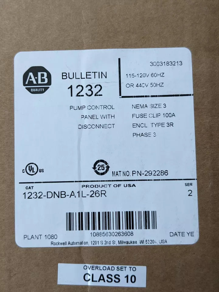 Allen Bradley Pump Control Panel with Disconnect 1232-DNB-A1L-26R 3 Phase