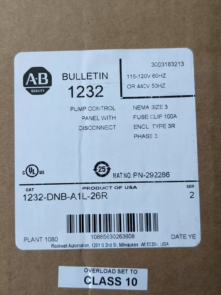 Panel de control de bomba Allen Bradley con desconexión 1232-DNB-A1L-26R trifásico