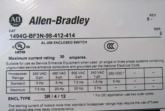 Allen Bradley 1494G-BF3N-98-412-414 30A