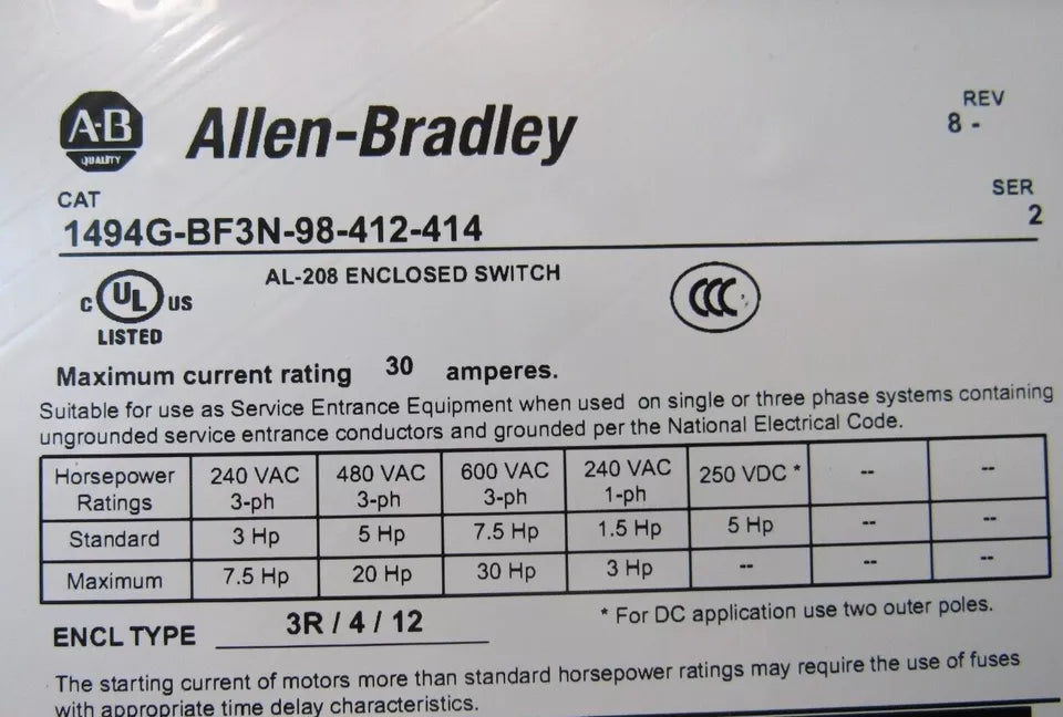 Allen Bradley 1494G-BF3N-98-412-414 30 A